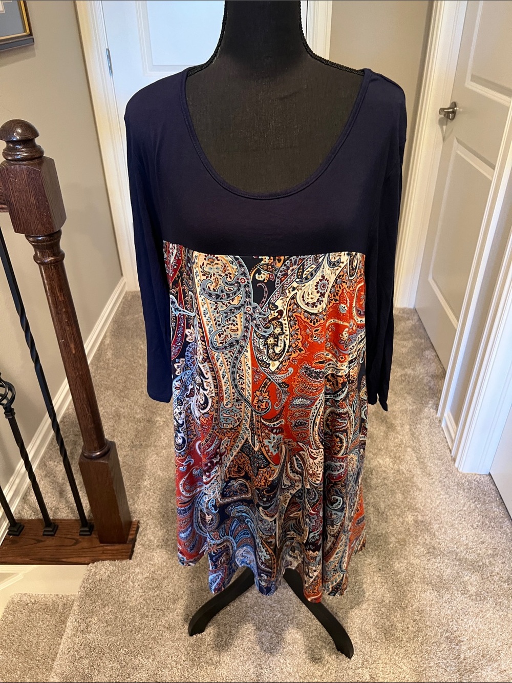 Women's Navy and Red Paisley Scoop Neck Dress